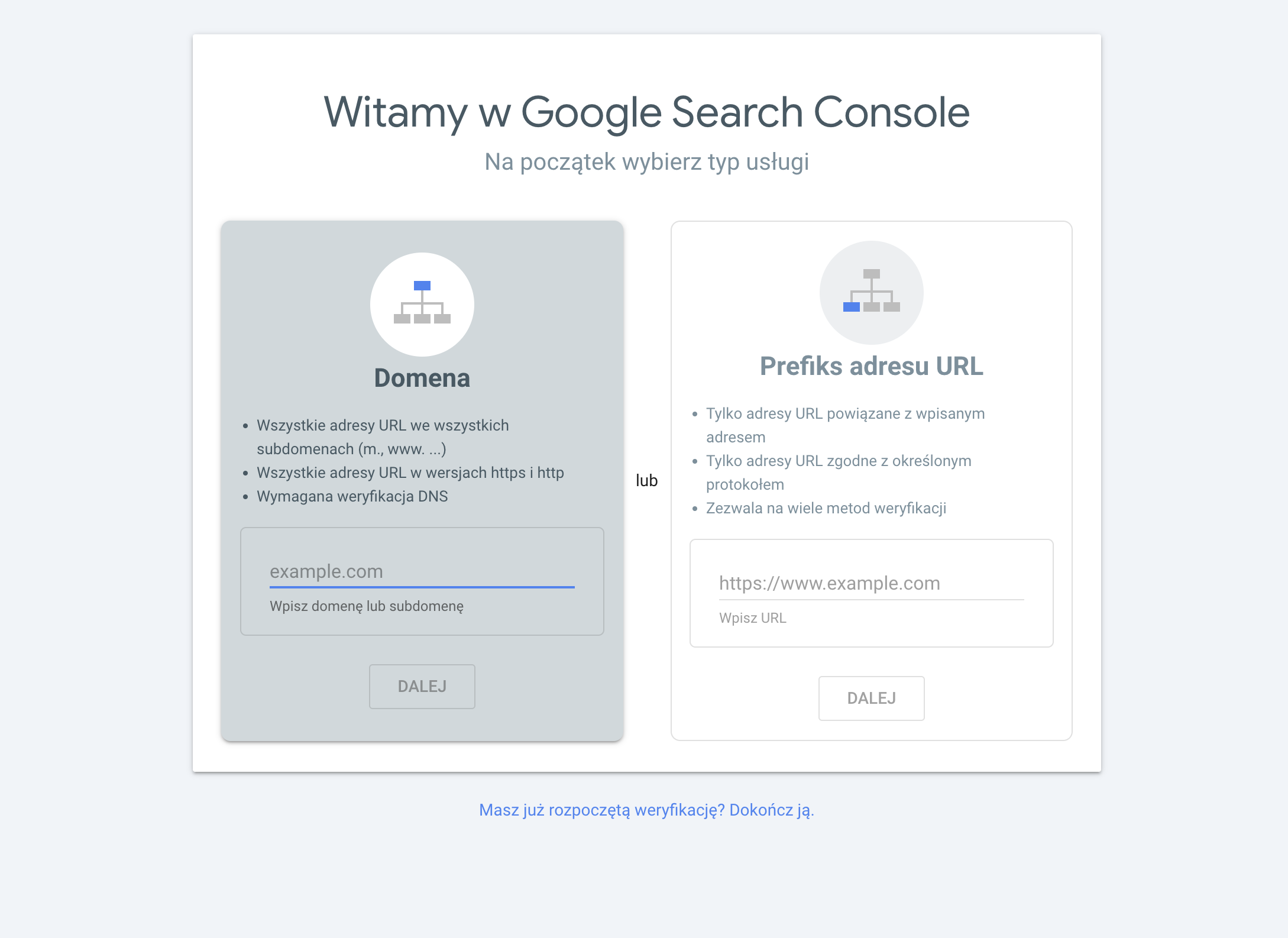 Wybór typu usługi w Google Search Console
