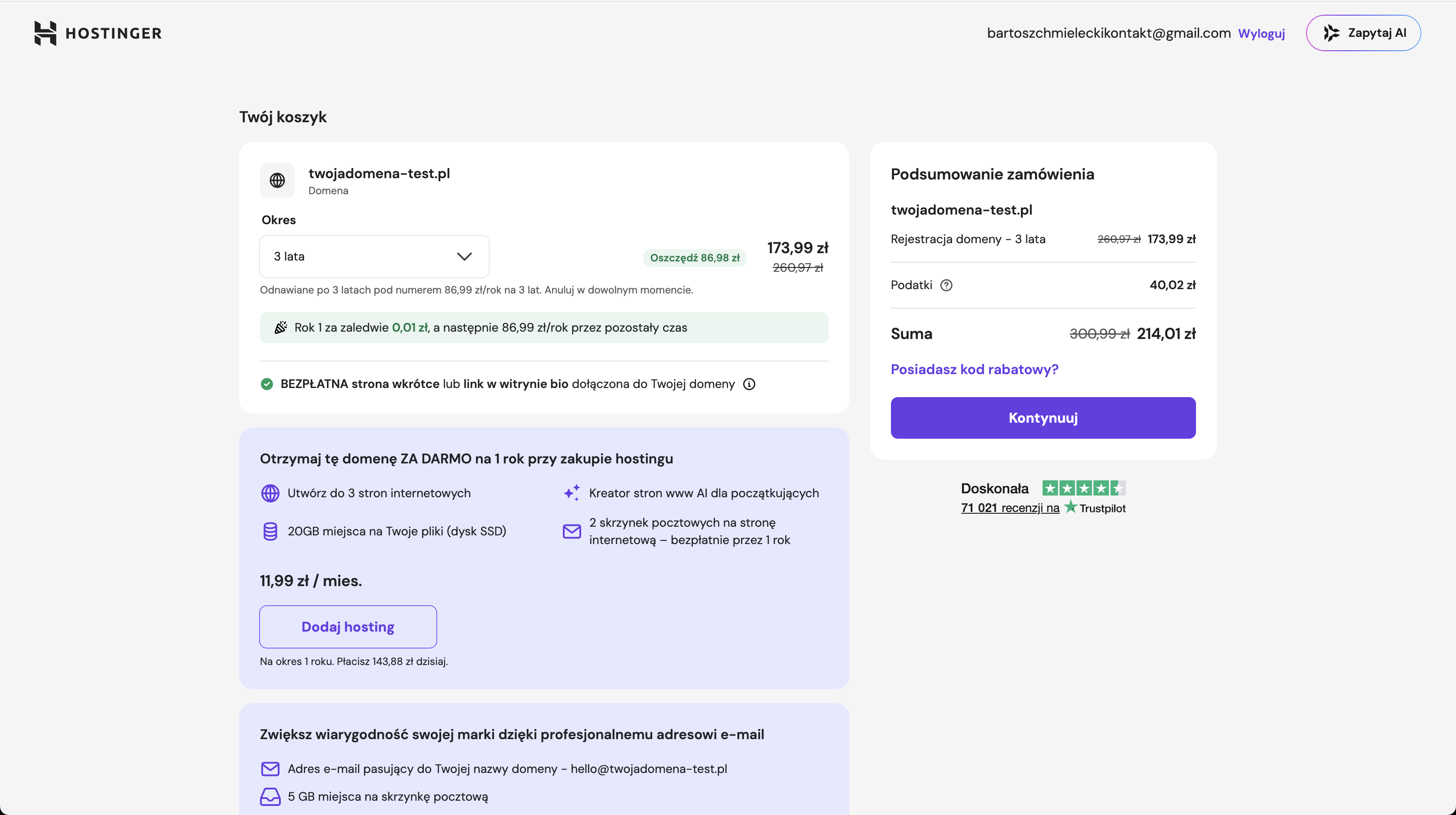 Wybór okresu rozliczeniowego w koszyku Hostinger