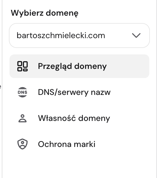 Zakładka własność domeny w menu bocznym