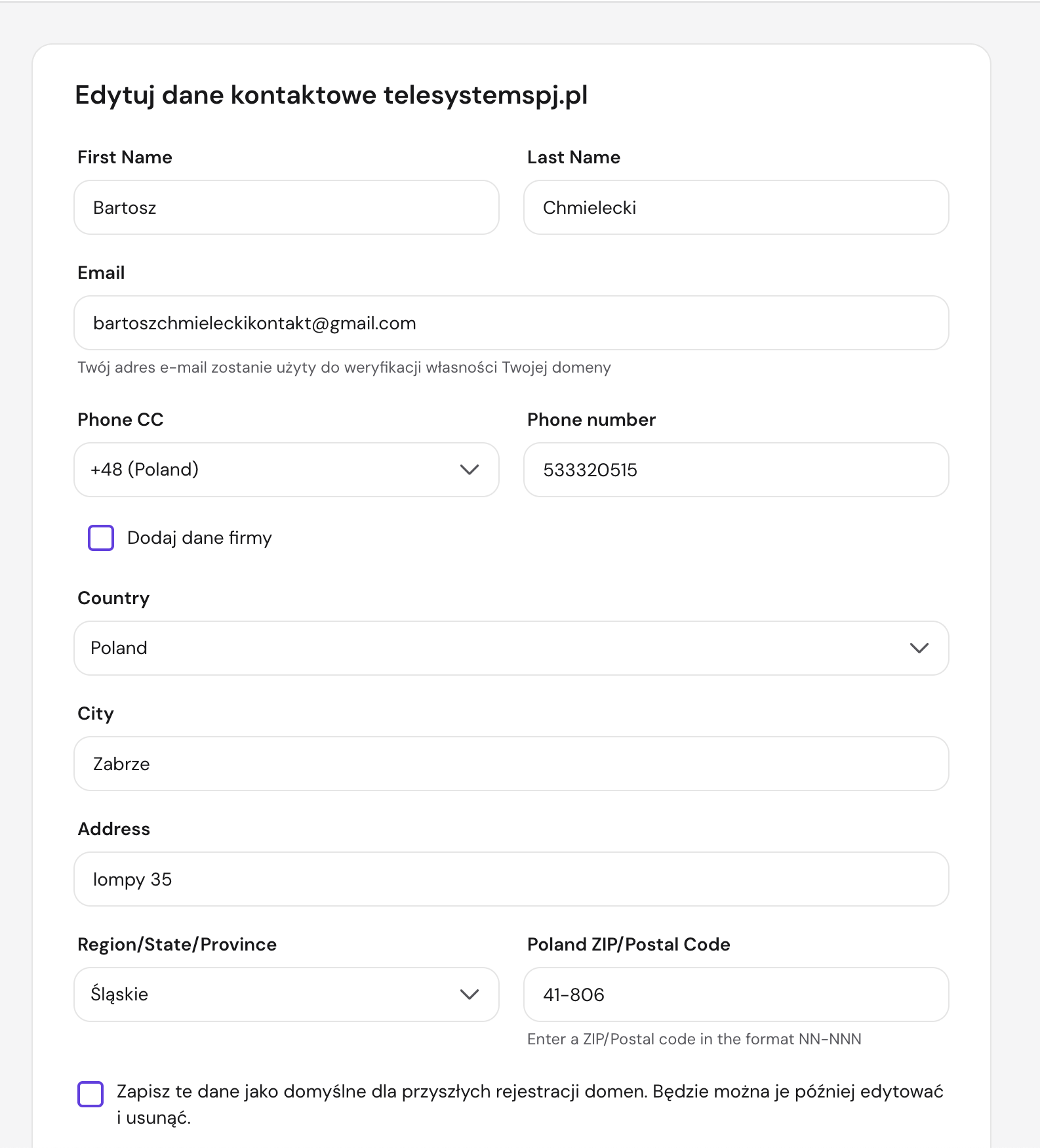 Formularz uzupełniony danymi technicznymi dewelopera