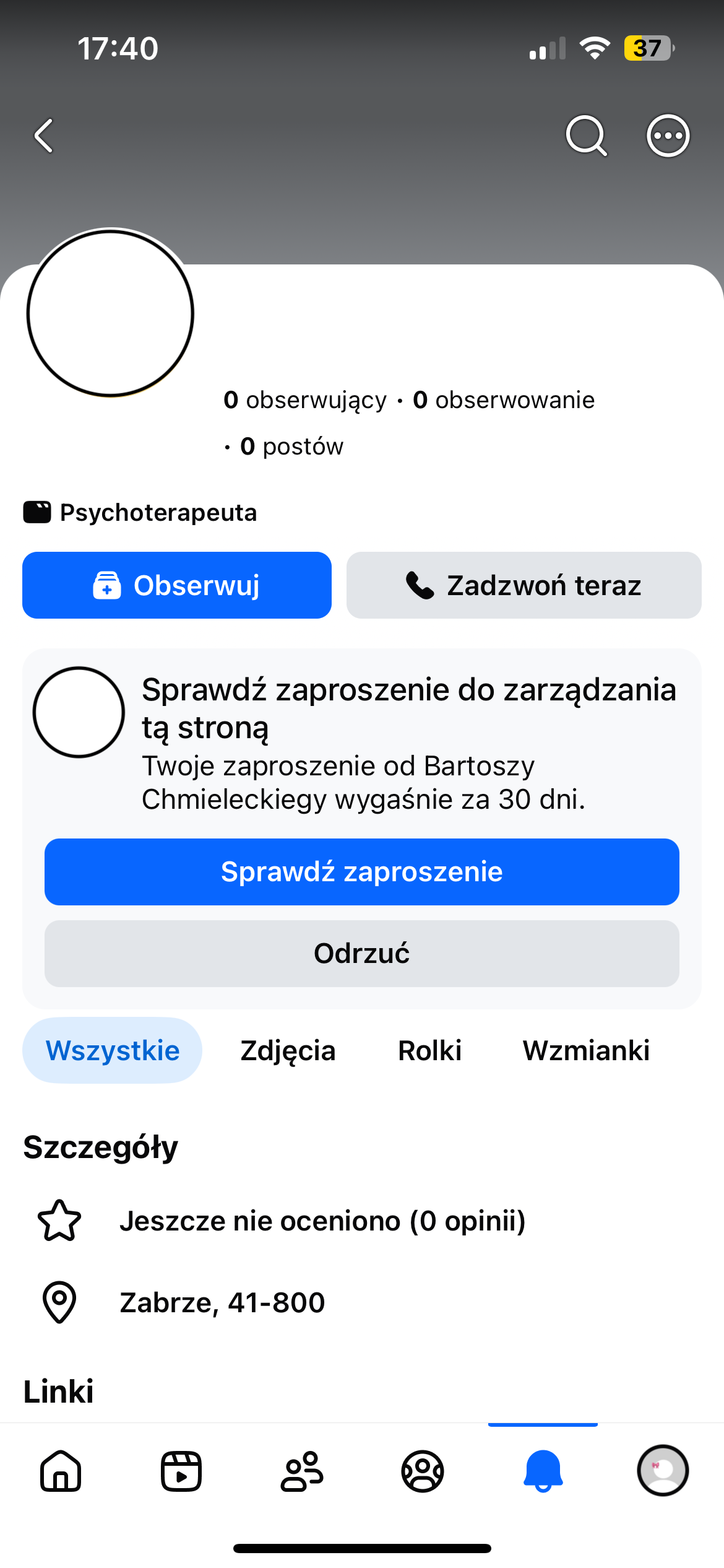 Przycisk Sprawdź zaproszenie na profilu strony
