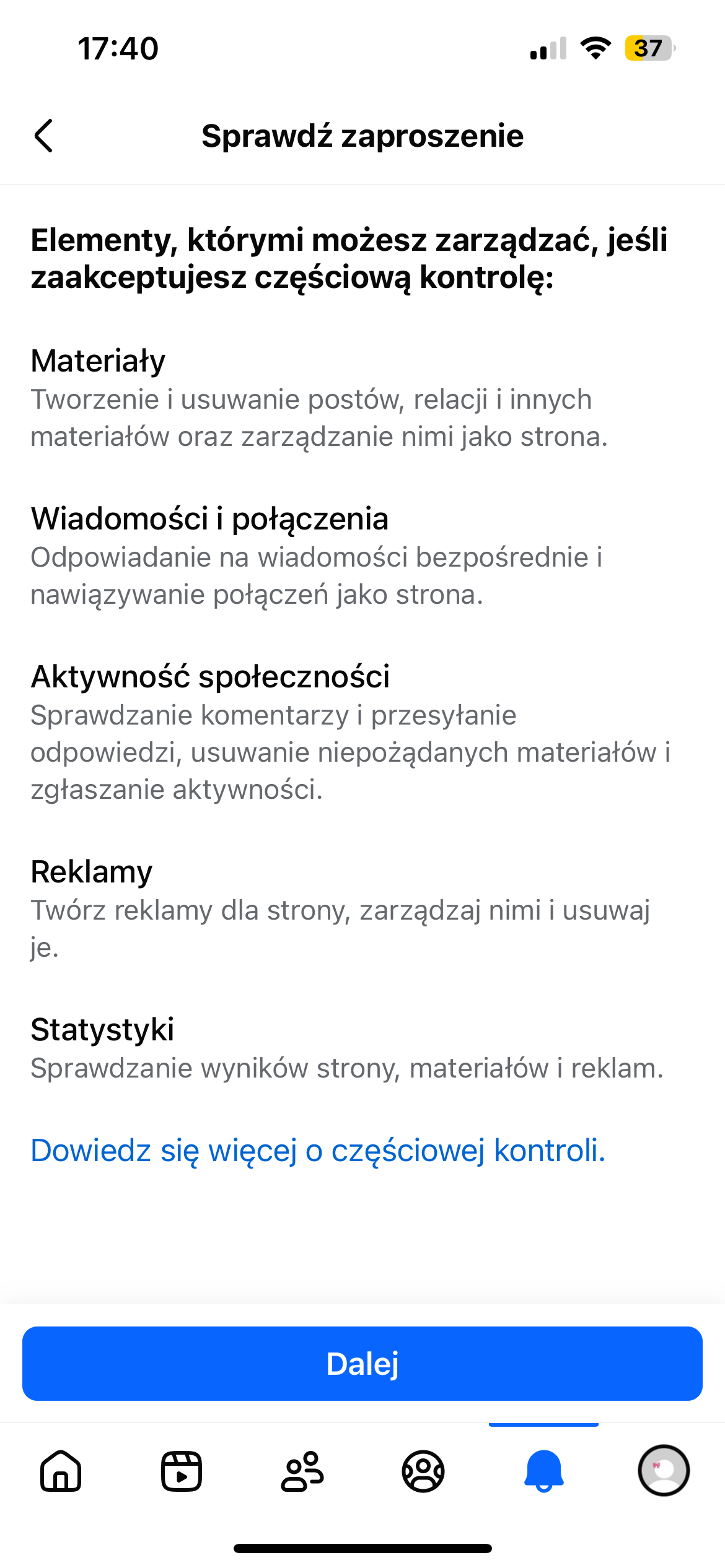 Lista uprawnień do zarządzania stroną