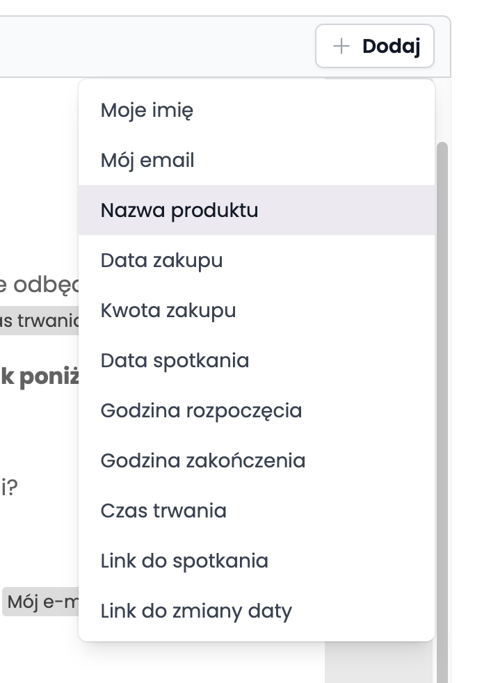 Rozwijane menu ze zmiennymi do e-maila
