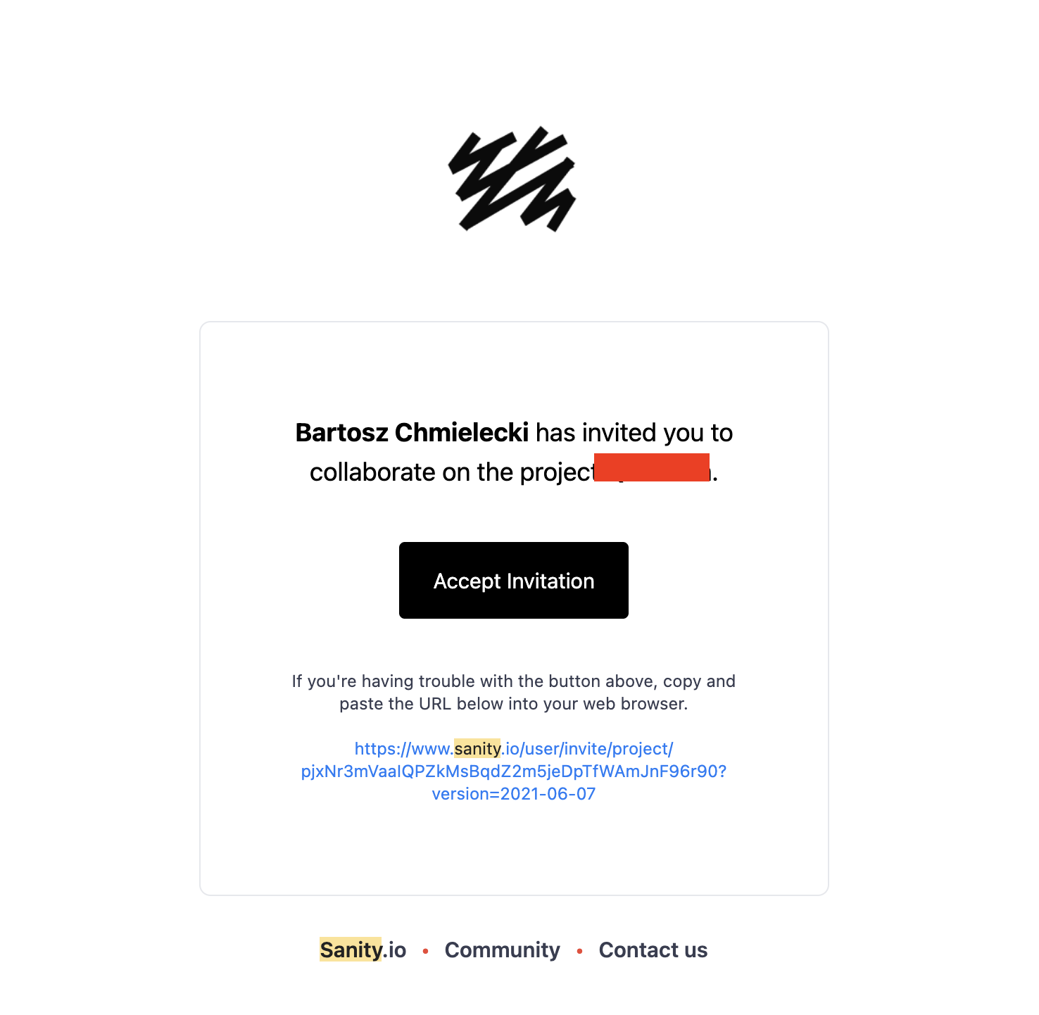 Widok zaproszenia e-mail z systemu Sanity