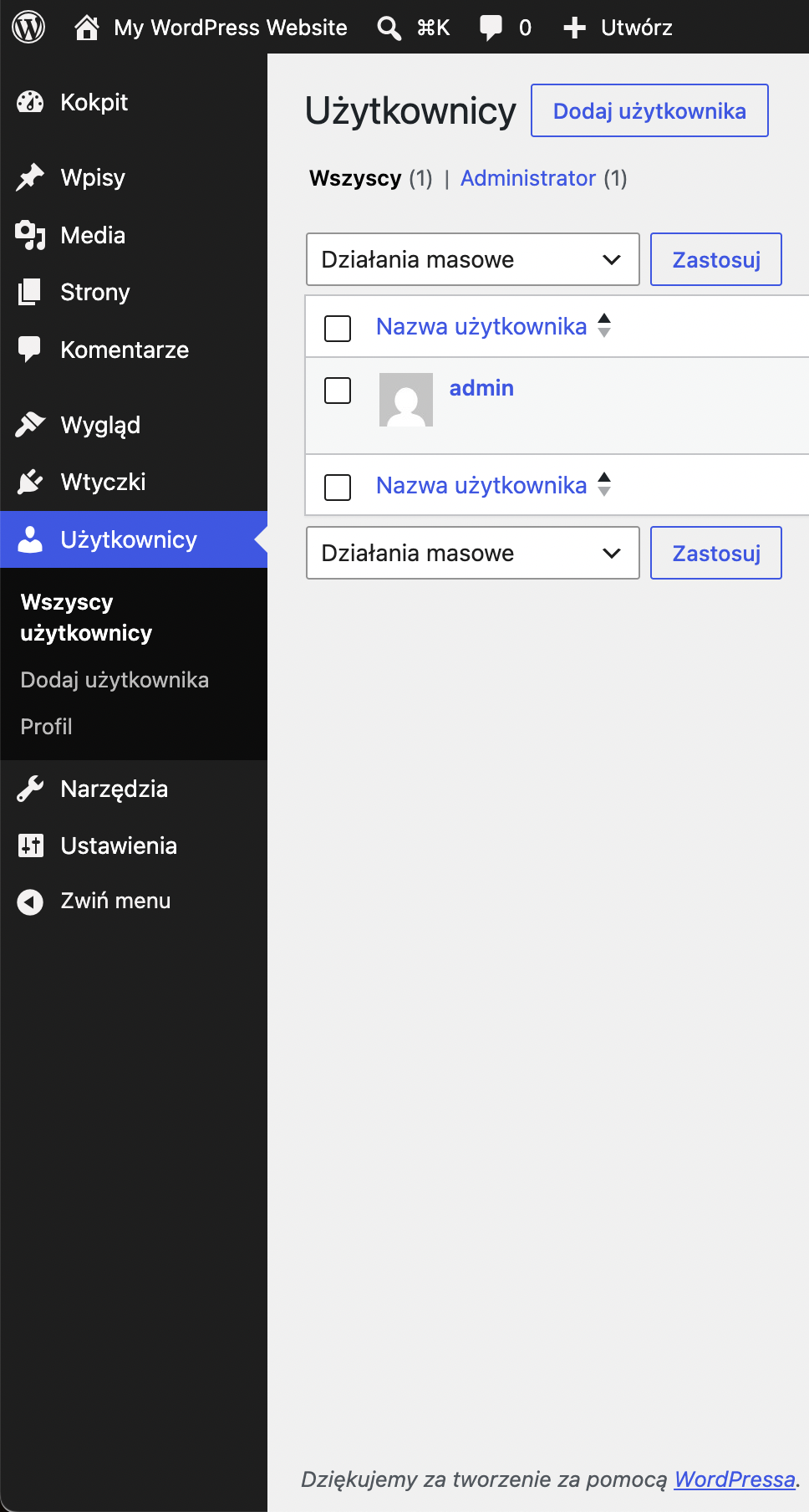 Wybór zakładki Użytkownicy w lewym panelu